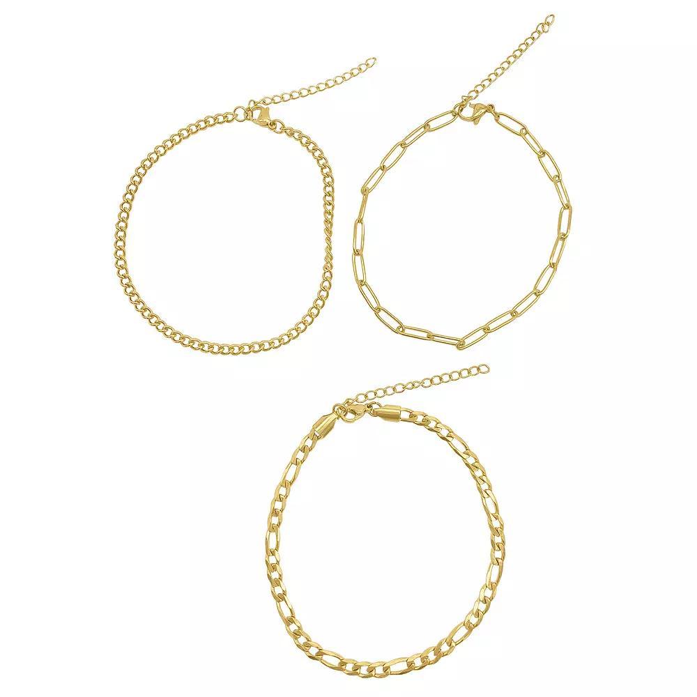 Adornia 14k Gold Plated Stainless Steel Curb Chain, Paper Clip Chain & Figaro Chain Anklet Set, Women's, Gold Tone Product Image