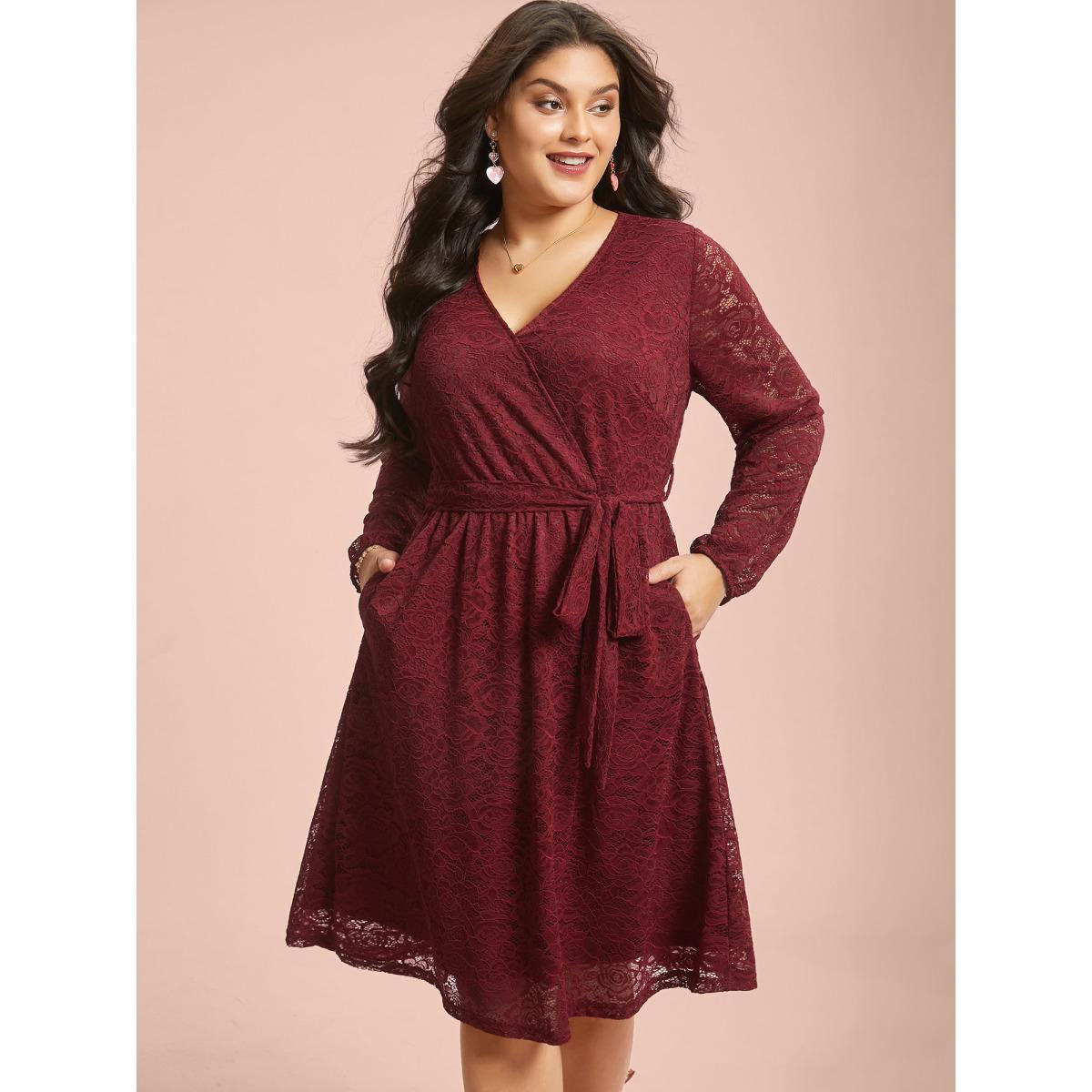 Plus Size Crochet Lace Mesh Surplice Neck Belted Dress Burgundy Women Elegant Texture Party Curvy Bloomchic 10/M Product Image