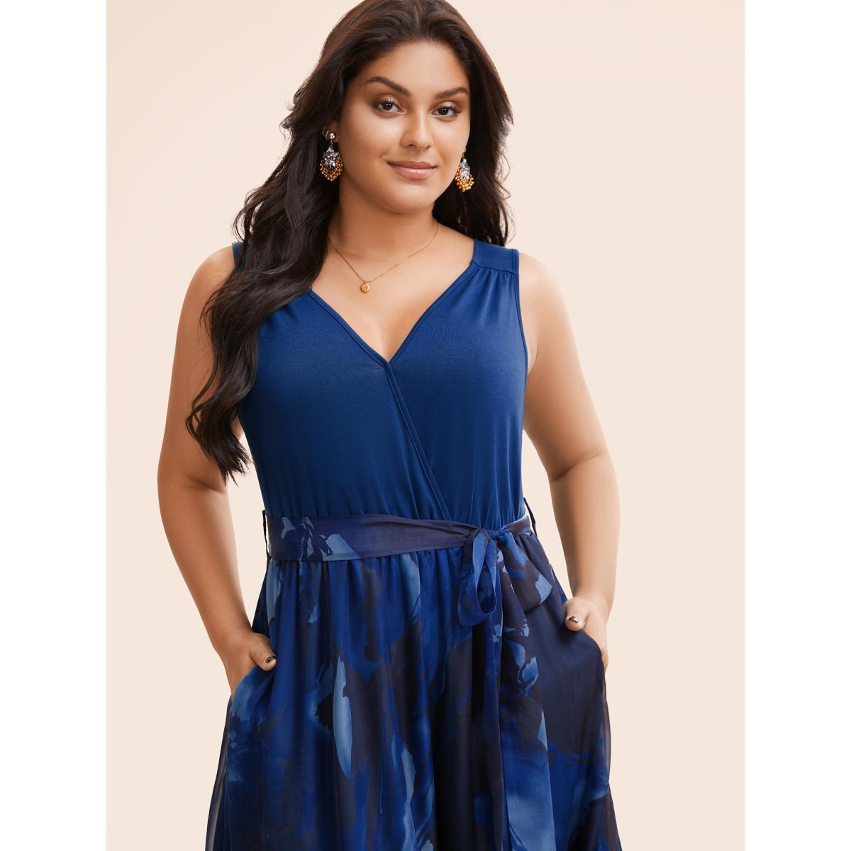 Plus Size Floral Print Belted Patchwork Pocket Tank Dress Navy Women Glamour Wrap Overlap Collar Sleeveless Curvy Midi Dress BloomChic 10/M Product Image
