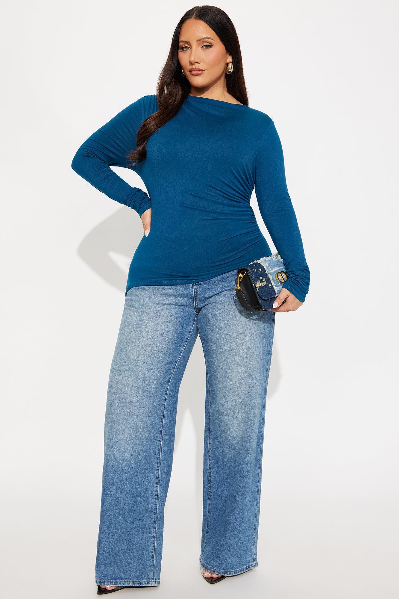 Kass Asymmetrical Long Sleeve Ruched Top - Blue Product Image