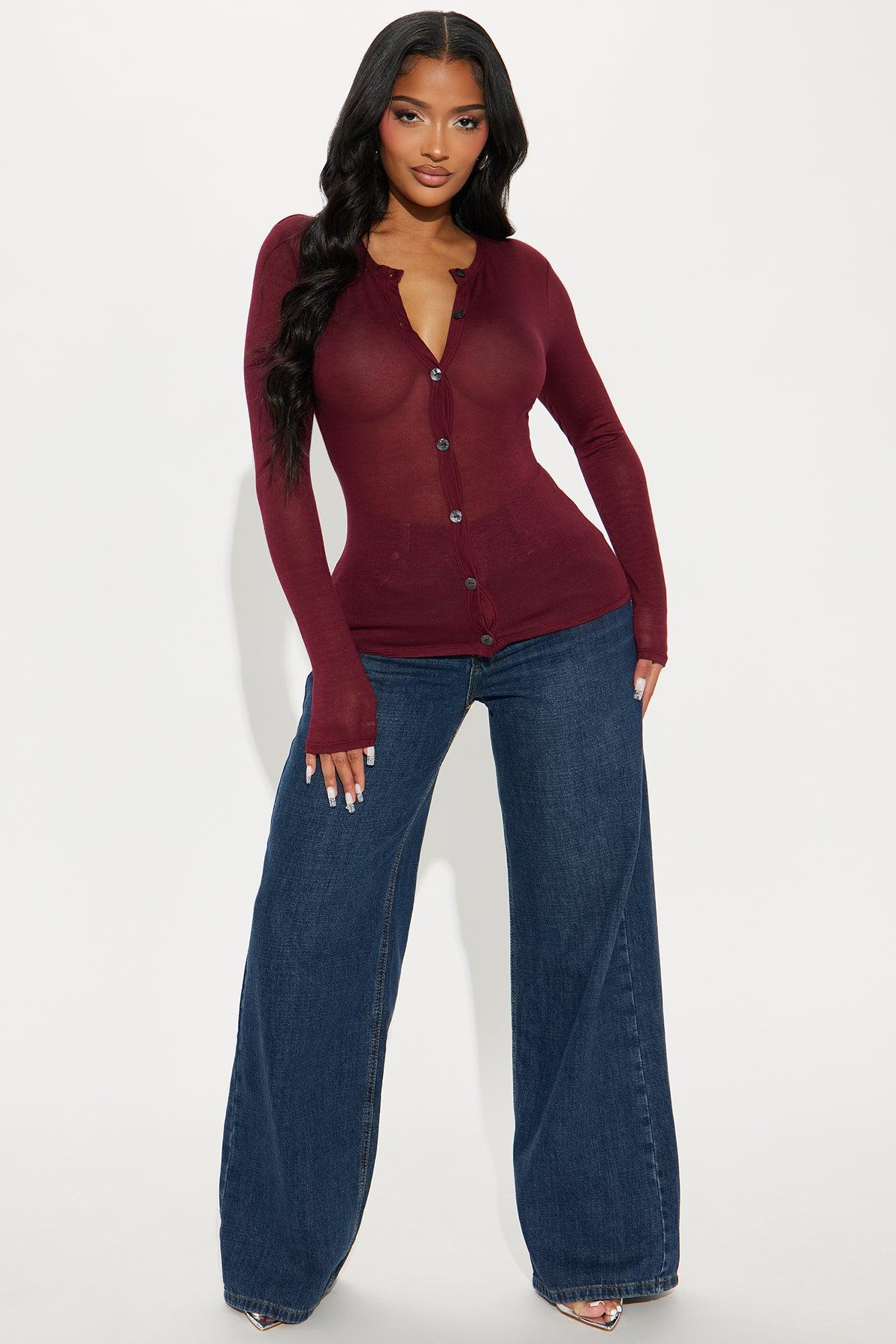 Ella Button Front Top - Burgundy Product Image