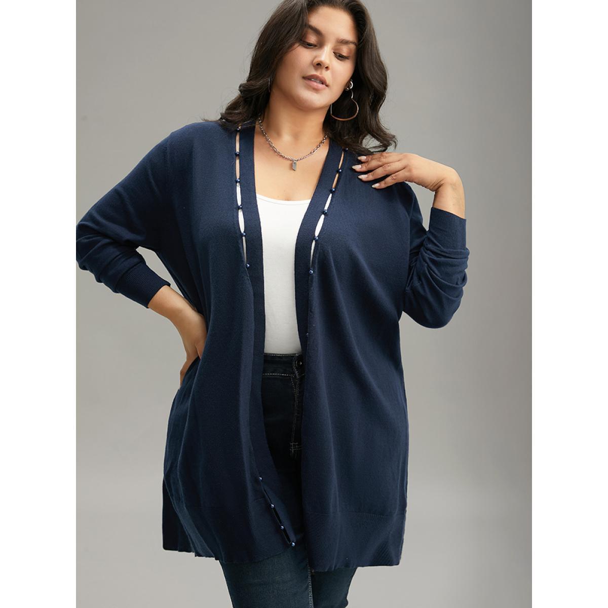 Plus Size Supersoft Essentials Plain Hollow Out Pearl Beaded Open Front Cardigan Indigo Women Casual Loose Long Sleeve Dailywear Cardigans BloomChic 14-16/1X Product Image