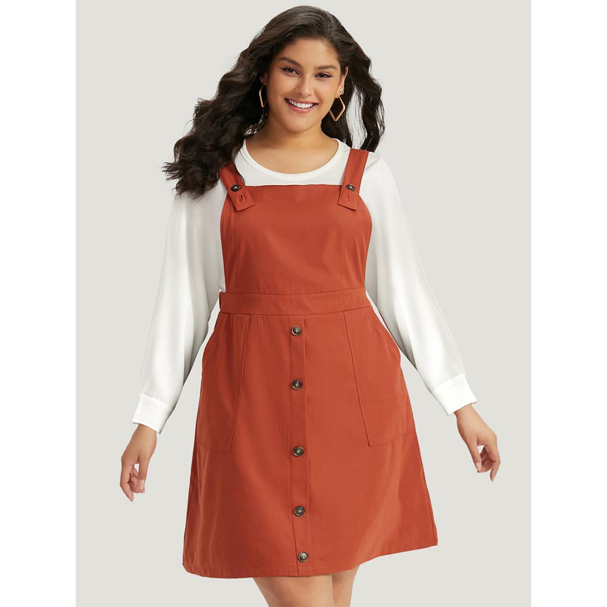 Plus Size Plain Button Up Pocket Suspender Skirt Brown Women Casual Adjustable Straps Spaghetti Strap Sleeveless Curvy Knee Dress BloomChic 30/6X Product Image
