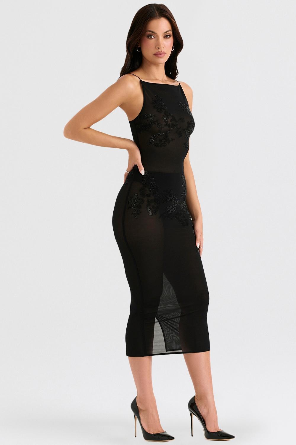 Amirah Black Mesh Crystal Embellished Midi Dress Product Image