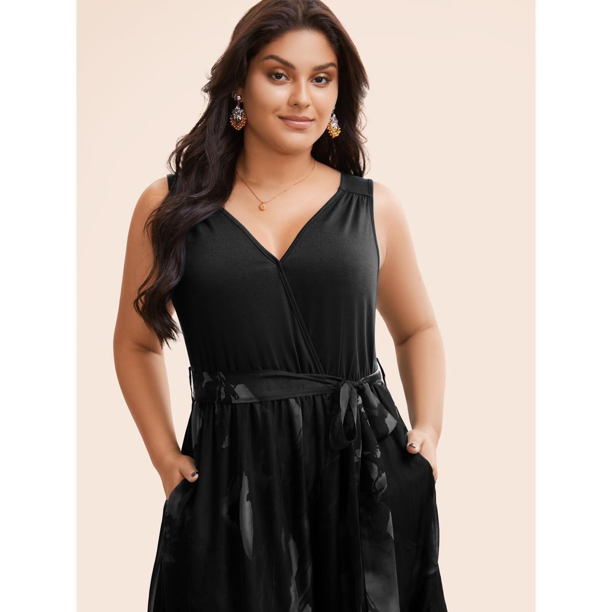Plus Size Floral Print Belted Patchwork Pocket Tank Dress Navy Women Glamour Wrap Overlap Collar Sleeveless Curvy Midi Dress BloomChic 10/M Product Image