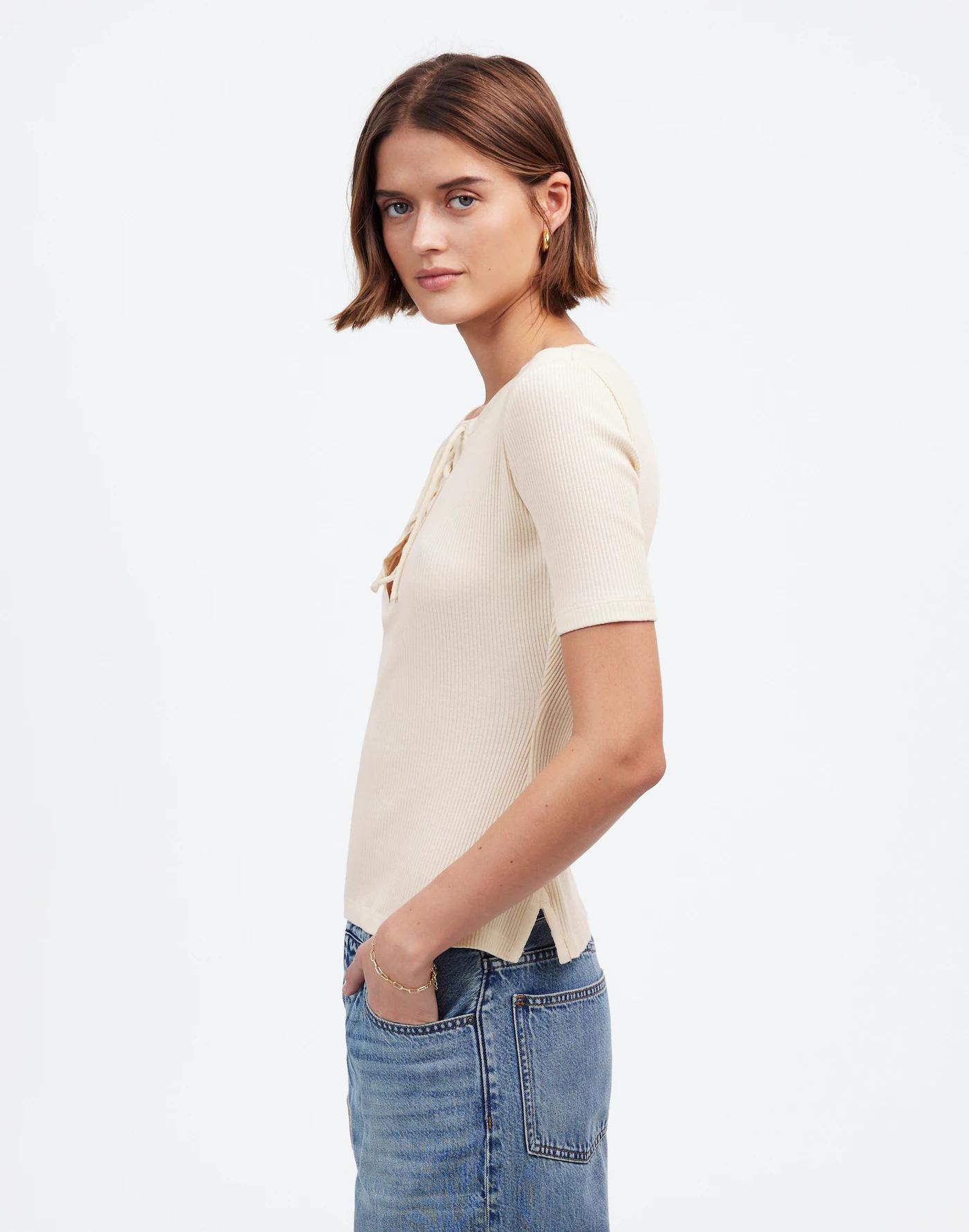 Ribbed Lace-Up Short-Sleeve Tee Product Image