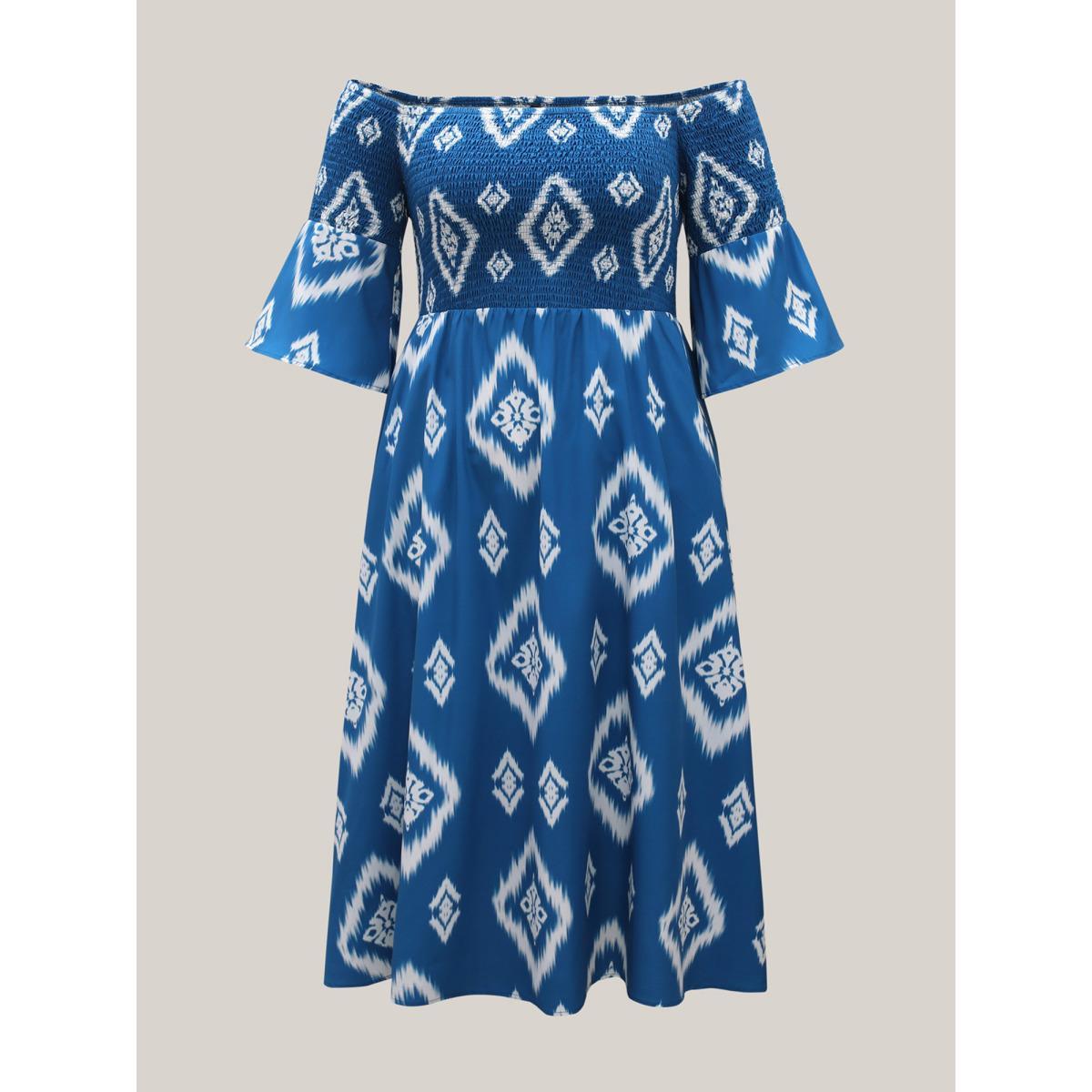 Plus Size Bandana Print Off-Shoulder Pockets Midi Dress Aegean Women Resort Shirred One-shoulder neck Elbow-length sleeve Curvy BloomChic 14-16/1X Product Image