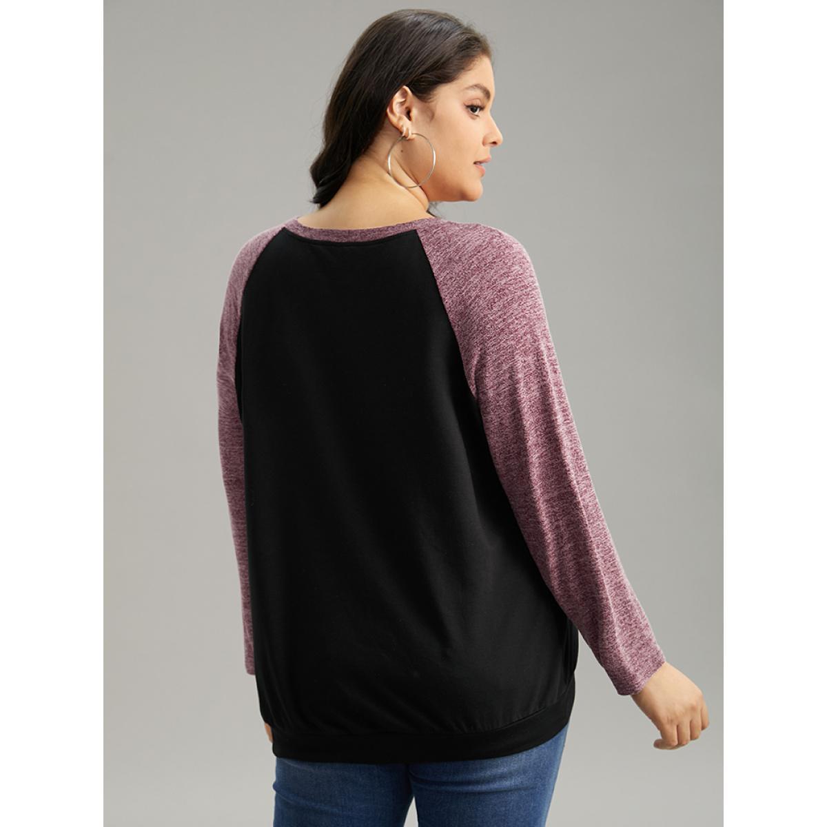 Plus Size Heather Stitch Pocket Raglan Sleeve Sweatshirt Women Black Casual Contrast Round Neck Dailywear Sweatshirts BloomChic 14-16/1X Product Image