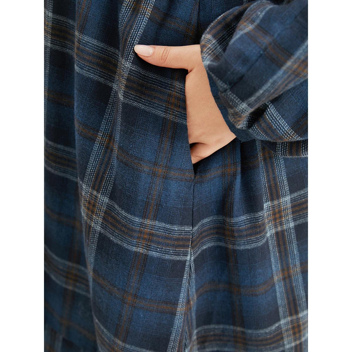 Plus Size Plaid Notched Button Up Lantern Sleeve Dress Aegean Women Casual Elastic cuffs Notched collar Long Sleeve Curvy Midi Dress BloomChic 18-20/2X Product Image
