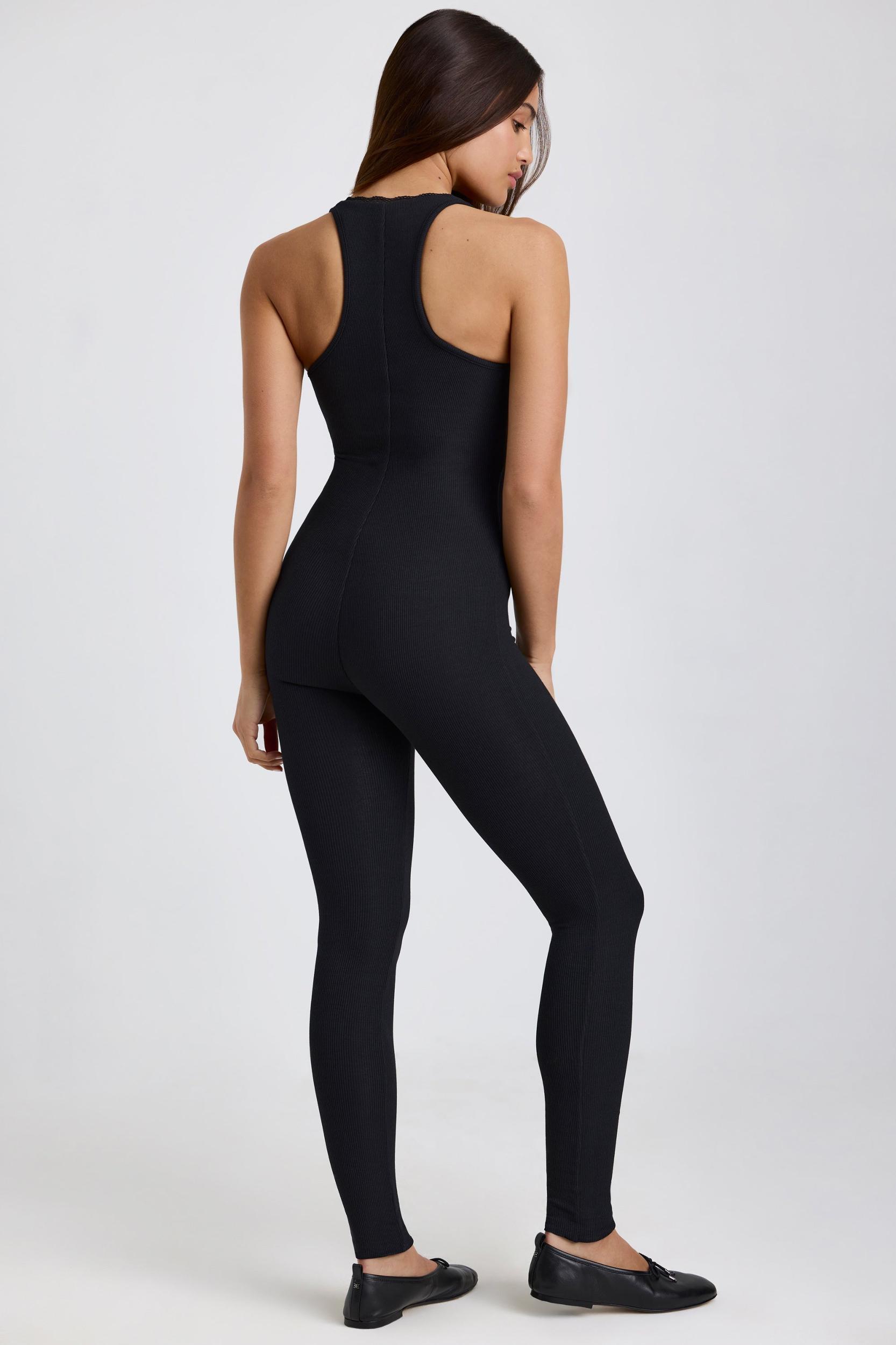 Ribbed Modal Lace-Trim Jumpsuit in Black Product Image