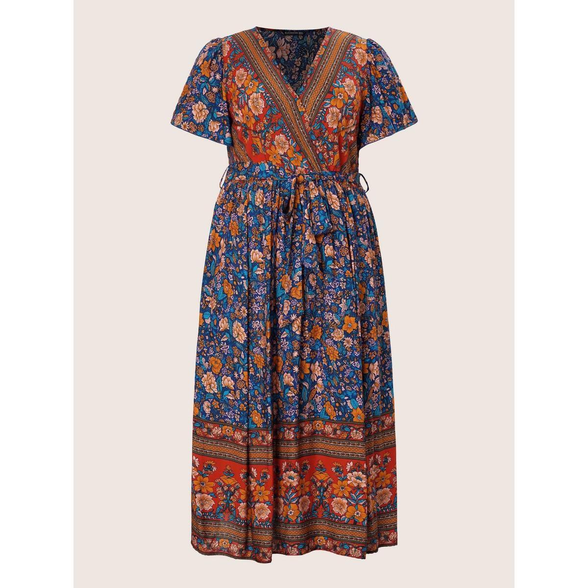 Plus Size Bandana Surplice Neck Pocket Belted Flutter Hem Maxi Dress DarkBlue Women Resort Non V-neck Short sleeve Curvy Long Dress BloomChic 14-16/1X Product Image
