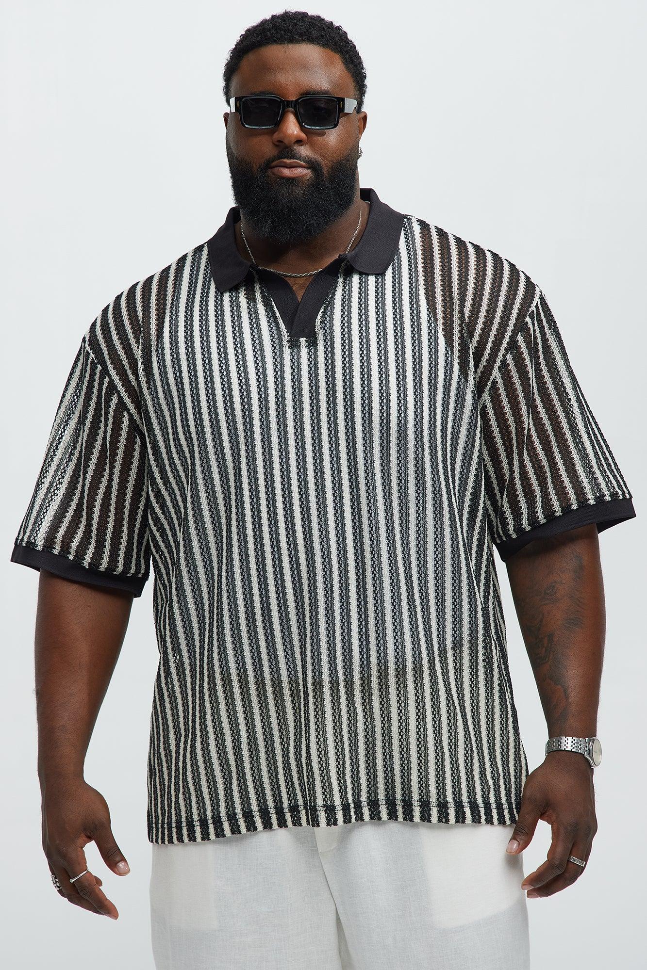 Striped Textured Johnny Collar Polo - Black/combo Product Image