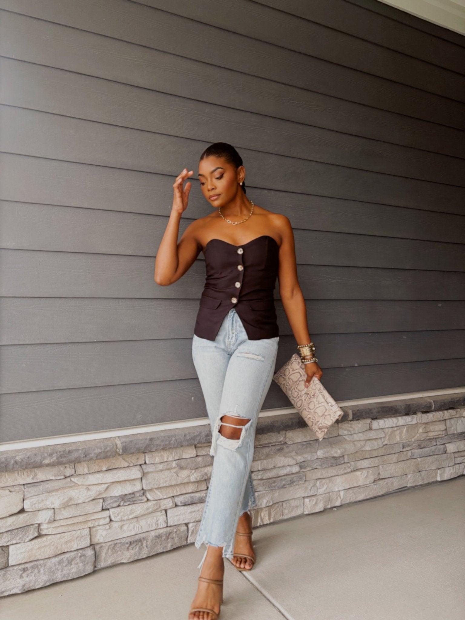 Black Button Front Tube Top Product Image