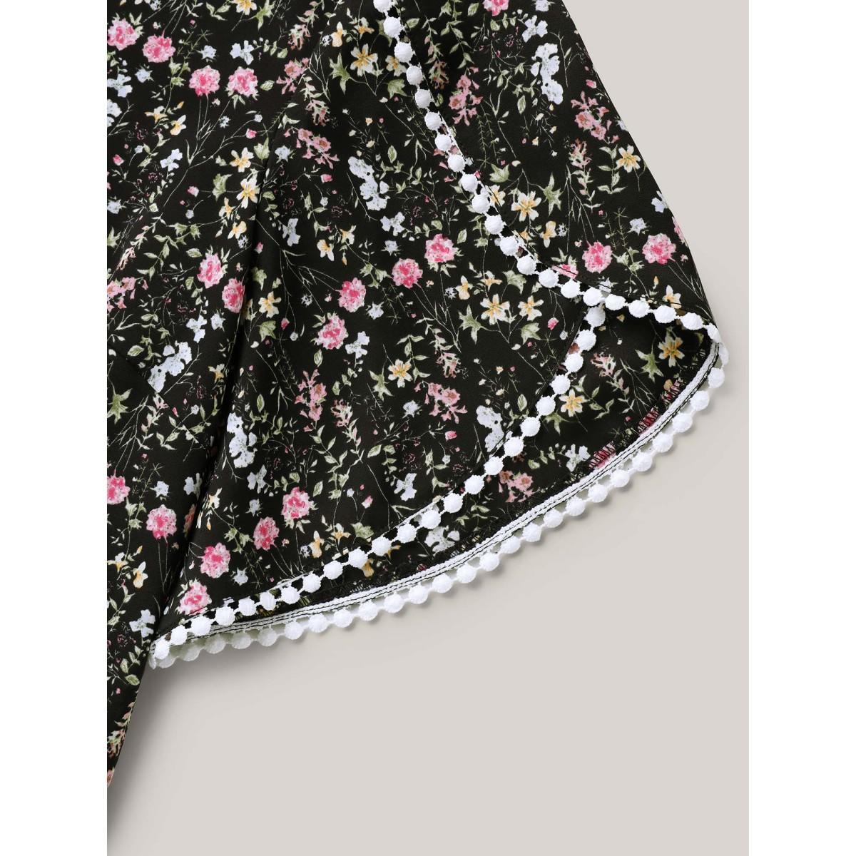 Plus Size Black Floral Print Petal Sleeve Shirt Women Short sleeve Round Neck Everyday-Elegant Blouses BloomChic 18-20/2X Product Image