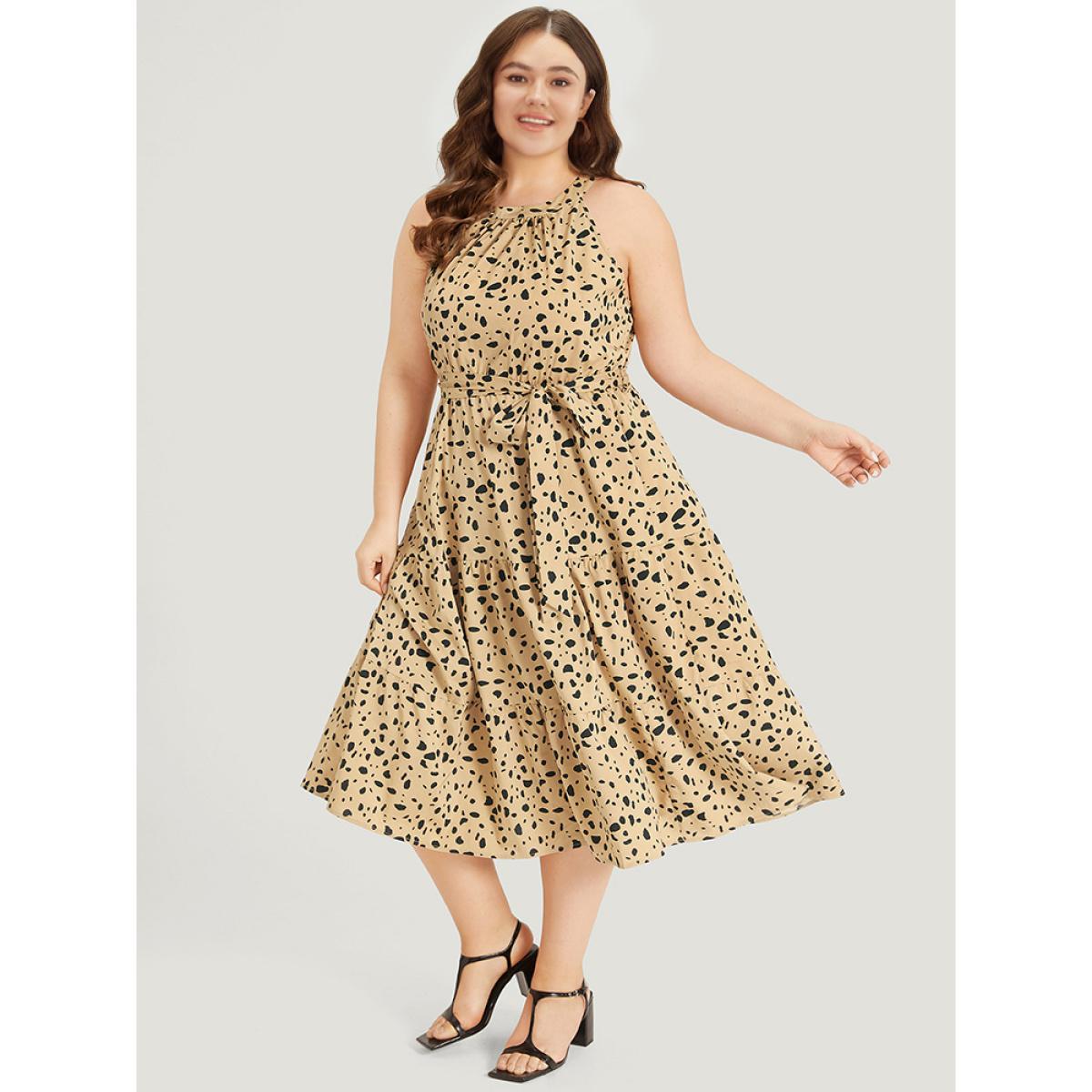 Plus Size Leopard Print Halter Pocket Belted Ruffle Hem Dress Bronze Women Elegant Gathered Halter neck Sleeveless Curvy Midi Dress BloomChic 14-16/1X Product Image