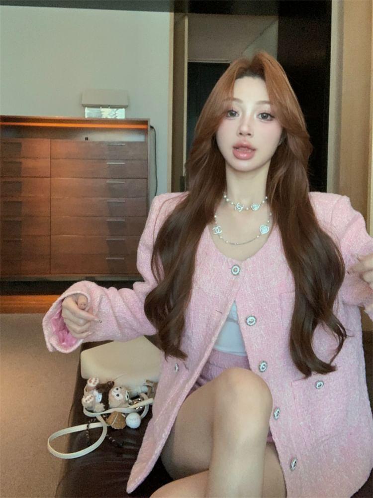 Tweed Button-Up Jacket / High Waist Shorts Product Image