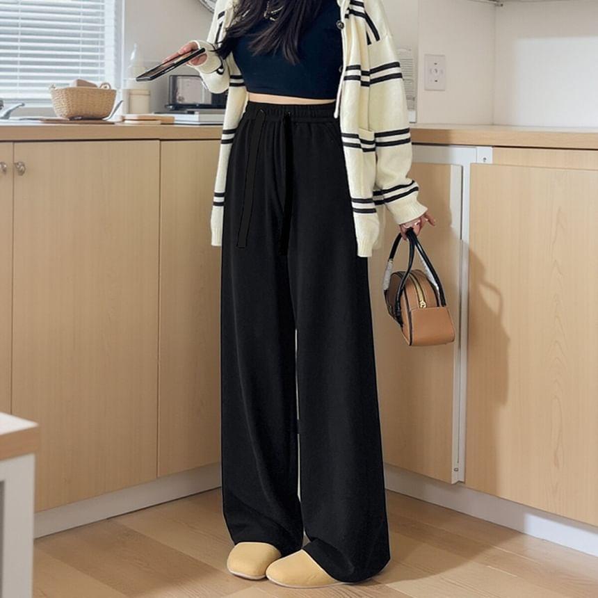 Drawstring Waist Plain Wide Leg Pants Product Image