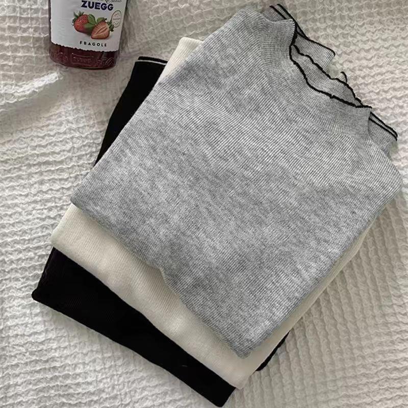 Long-Sleeve Mock Neck Contrast Trim Slim Fit Knit Top Product Image