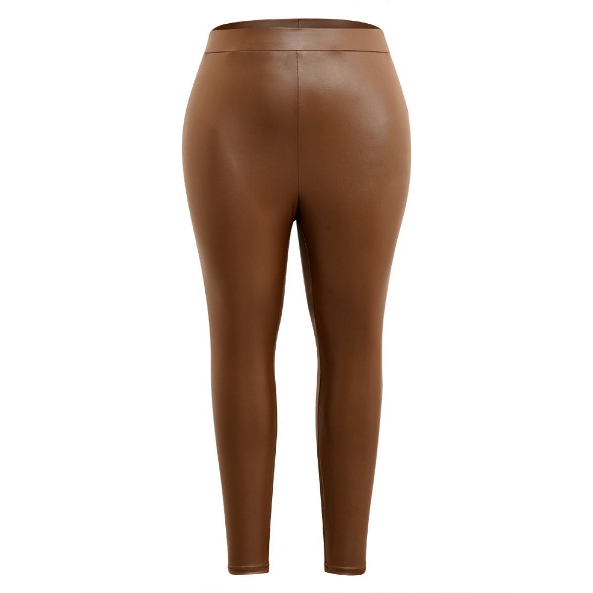 Plus Size PU Leather Elastic Waist Leggings Women DarkBrown Glamour Medium stretch Skinny High Rise Going out Leggings BloomChic 18-20/2X Product Image