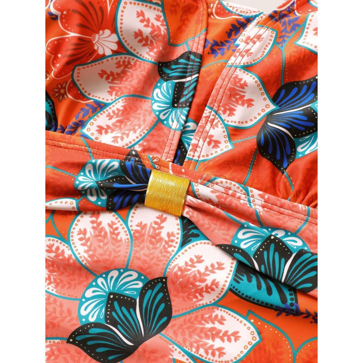Plus Size Floral Ruched Crisscross Buckle Detail One Piece Swimsuit Women's Swimwear Multicolor Beach Gathered Curve Bathing Suits High stretch One Pieces BloomChic 12/L Product Image
