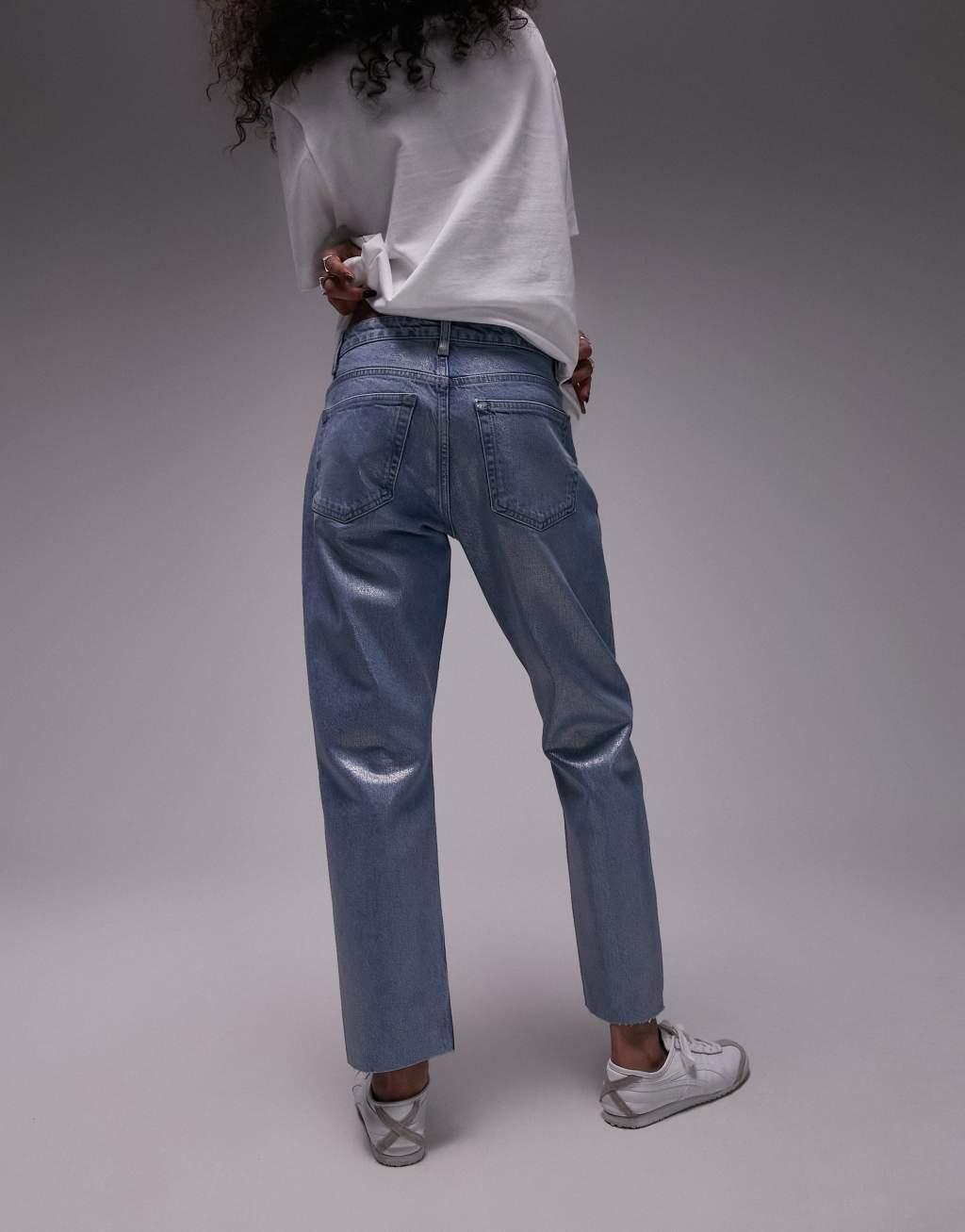Topshop cropped mid rise foil straight jeans with raw hems in silver  Product Image