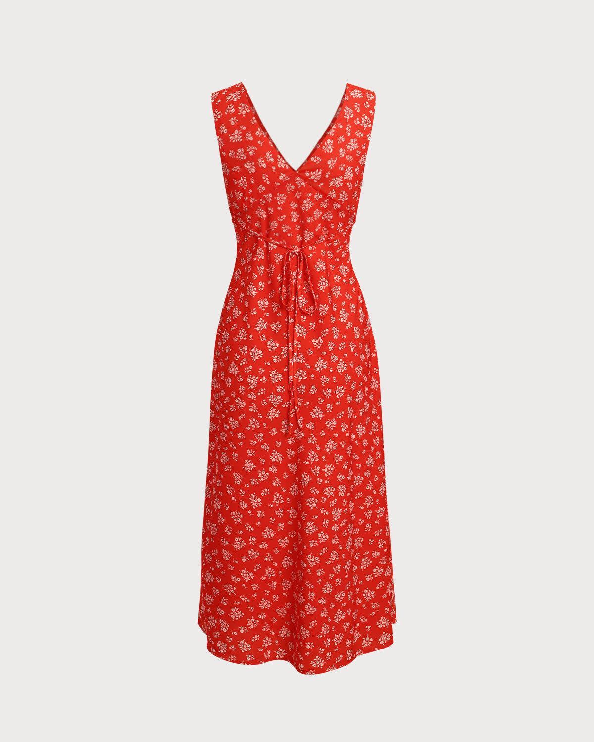 Red Floral V-Neck Wrap Midi Dress Product Image