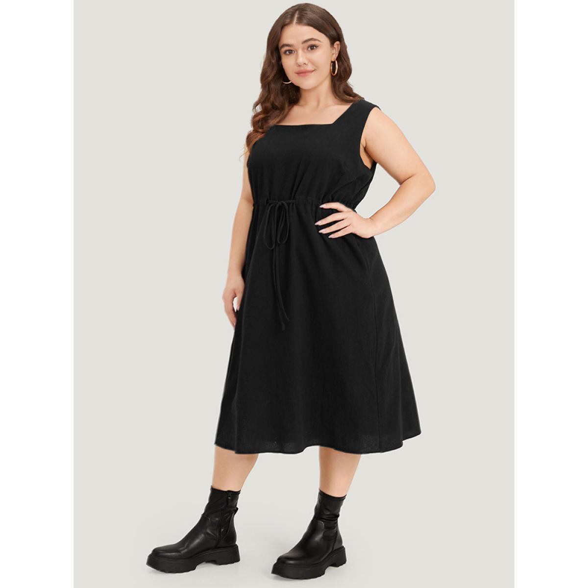 Plus Size Plain Pocket Drawstring Square Neck Tank Dress Black Women Casual Plain Square Neck Sleeveless Curvy Midi Dress BloomChic 28/5X Product Image