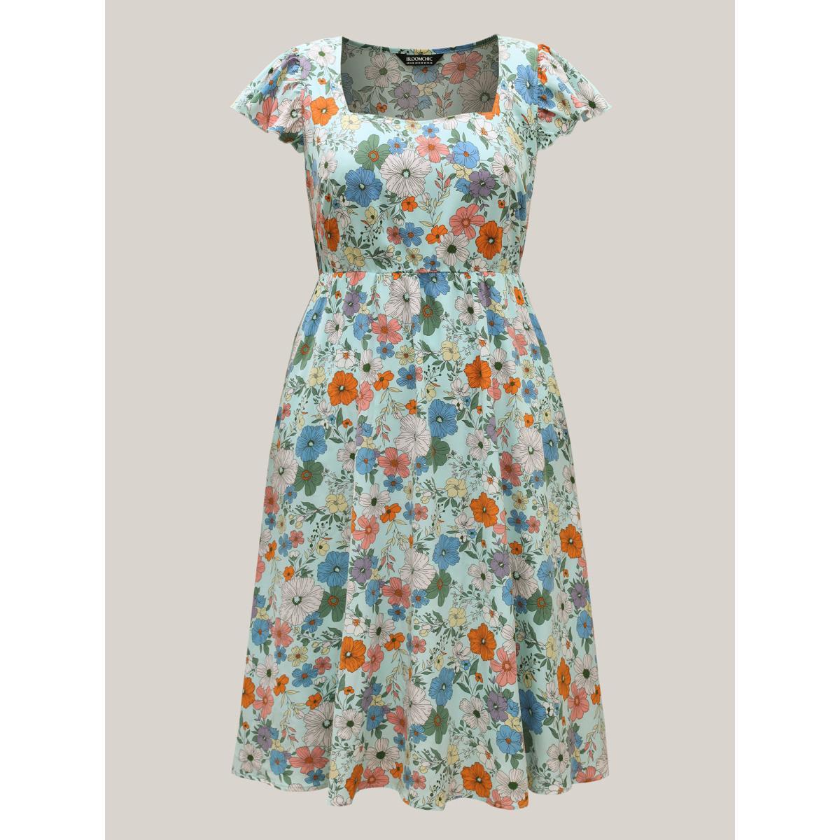 Plus Size Floral Print Flutter Sleeve Pockets Midi Dress LightBlue Women Square Neck Cap Sleeve Curvy BloomChic 22-24/3X Product Image