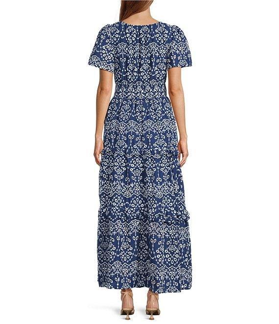Sugarlips Viridiana Floral Eyelet Palmer V-Neck Short Sleeve Tiered Maxi Dress Product Image