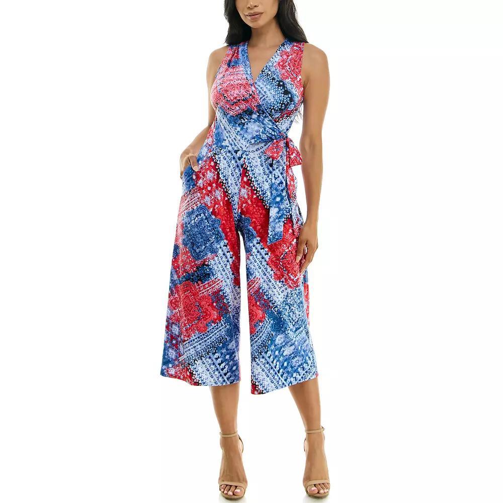 Women's Nina Leonard Print Surplice Wide-Leg Jumpsuit, Size: Large, Red Blue Team Product Image