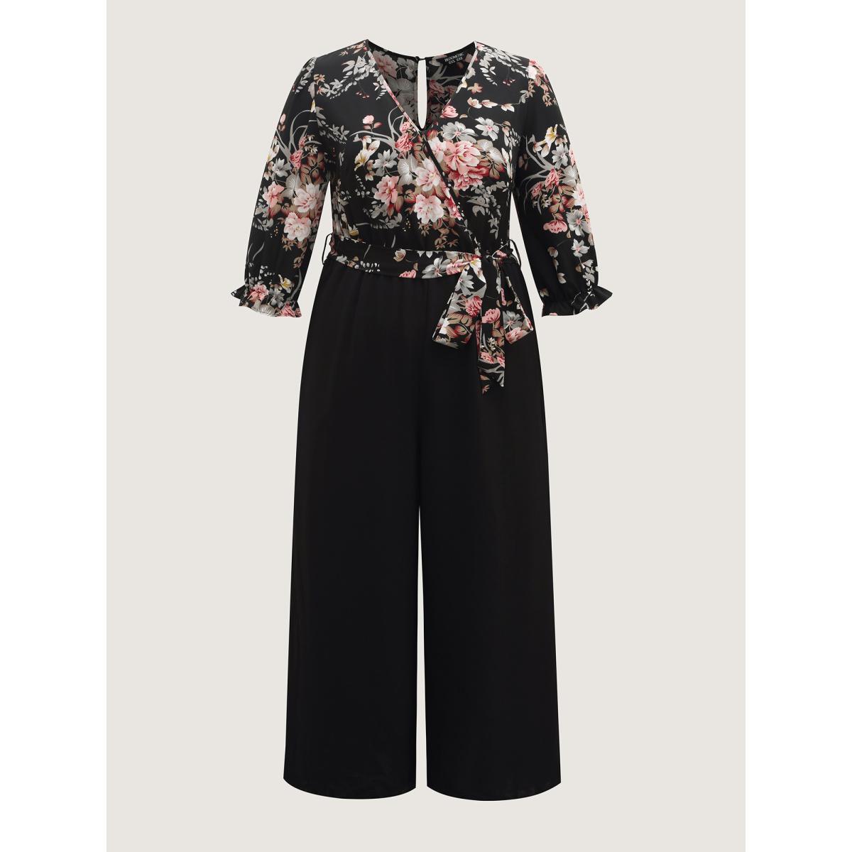 Plus Size Black Floral Contrast Belted Wide-Leg Jumpsuit Women Elbow-length sleeve Overlap Collar Everyday-Elegant Loose Jumpsuits BloomChic 14-16/1X Product Image