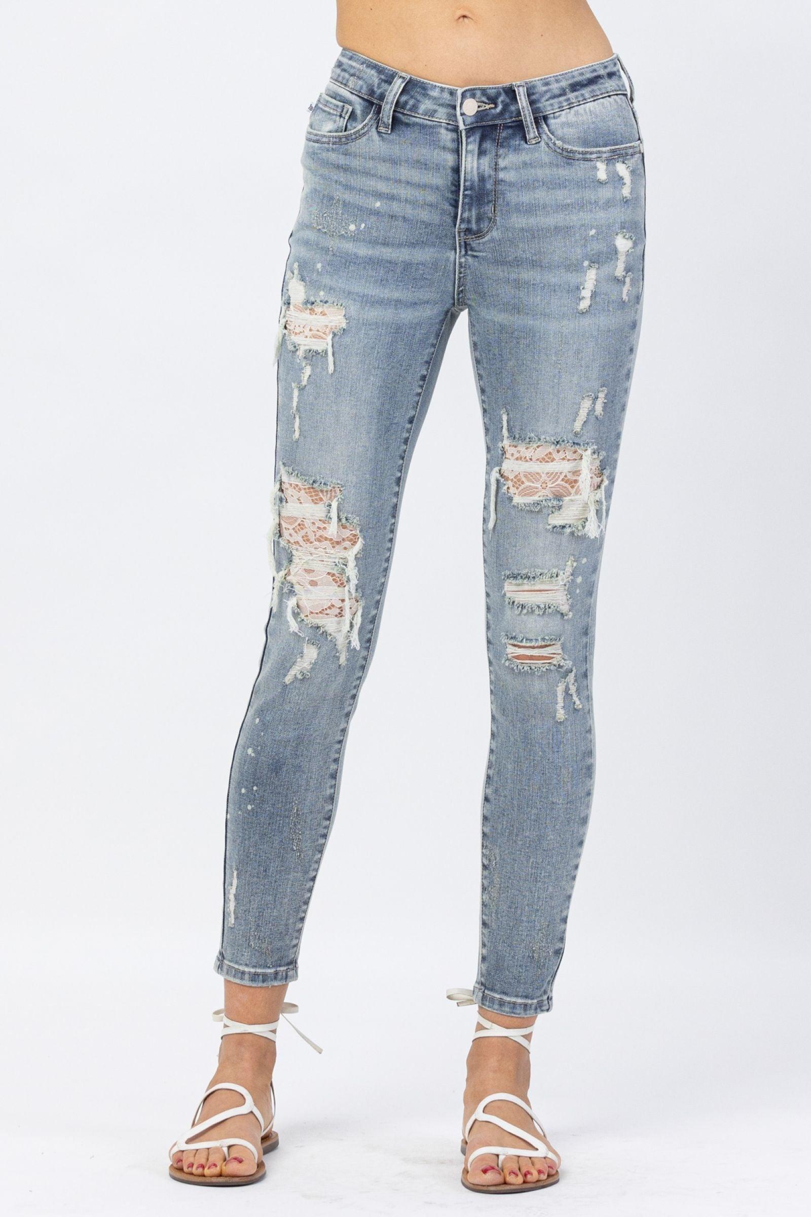 Cheryl Lace Patch Mid-Rise Skinny Judy Blue Jeans Product Image