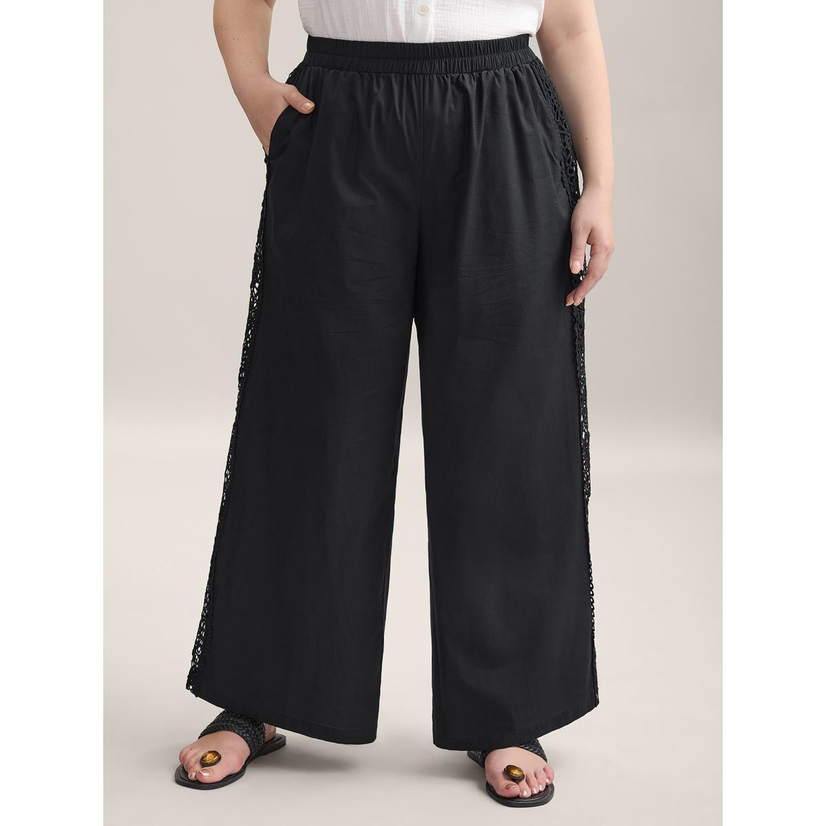 Plus Size Cotton Side Lace Wide-Leg Pants Women Black Resort Wide Leg Mid Rise Vacation Pants BloomChic 22-24/3X Product Image