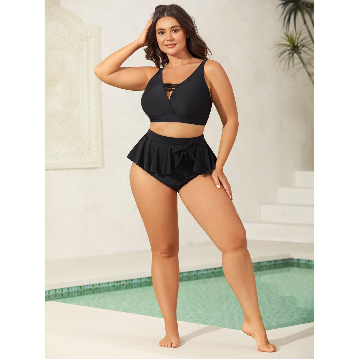 Plus Size Ruffled Hem Knotted Swim Bottoms Women's Swimwear Black Beach Tie knot High stretch Skinny High Rise Curve Swim Bottoms BloomChic 14-16/1X Product Image