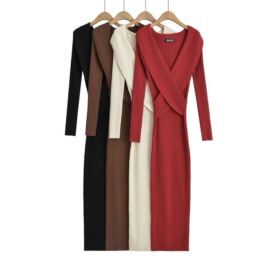 Long-Sleeve V-Neck Wrapped Plain Knit Maxi Sheath Dress Product Image