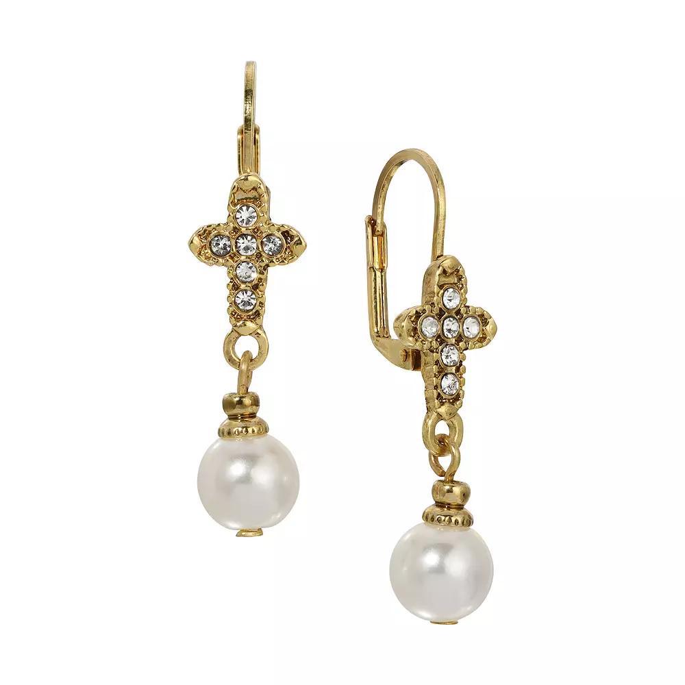 Symbols of Faith Gold Tone Crystal & Simulated Pearl Cross Drop Earrings, Womens, White Product Image
