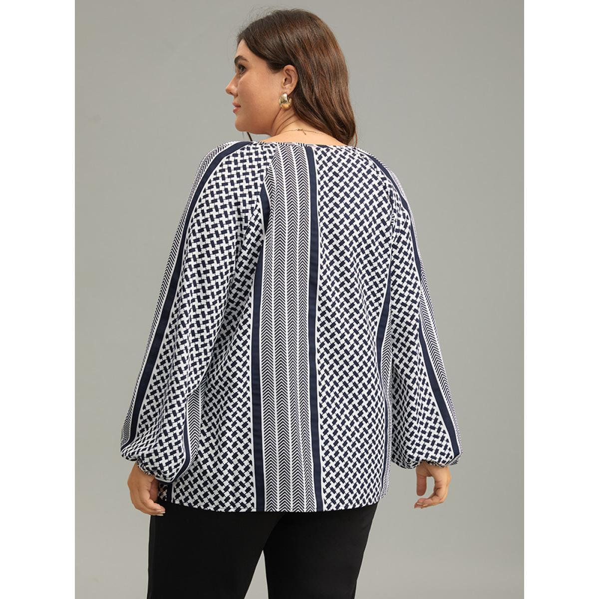 Plus Size Indigo Geo Striped Tie Lantern Sleeve Blouse Women Resort Long Sleeve Tie Neck Vacation Blouses BloomChic 18-20/2X Product Image