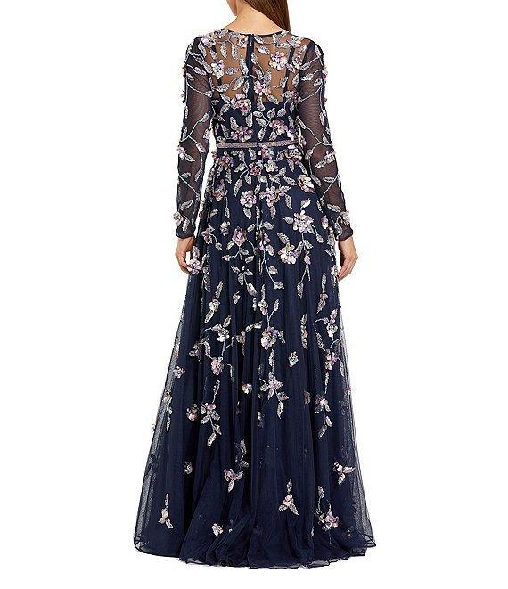 Mac Duggal 3D Floral Tulle Mesh Crew Neck Long Sleeve A-Line Gown Product Image