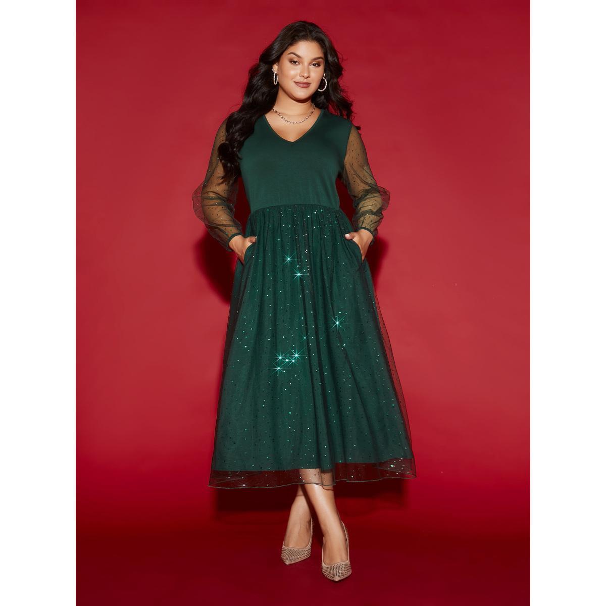 Plus Size Sheer Mesh Shimmering Sequins Maxi Dress Cyan Women Cocktail Texture Party Curvy Bloomchic 18-20/2X Product Image