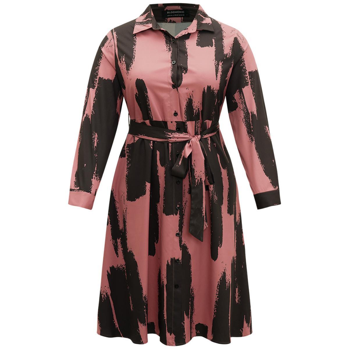 Plus Size Brush Print Shirt Collar Pocket Belted Dress Multicolor Women Office Belted Shirt collar Long Sleeve Curvy Midi Dress BloomChic 22-24/3X Product Image