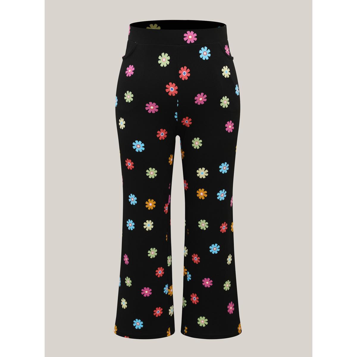 Plus Size Multi-Color Floral Print Flared Pants Women BlackFlower Elegant Bodycon Mid Rise Everyday Pants BloomChic 12/L Product Image