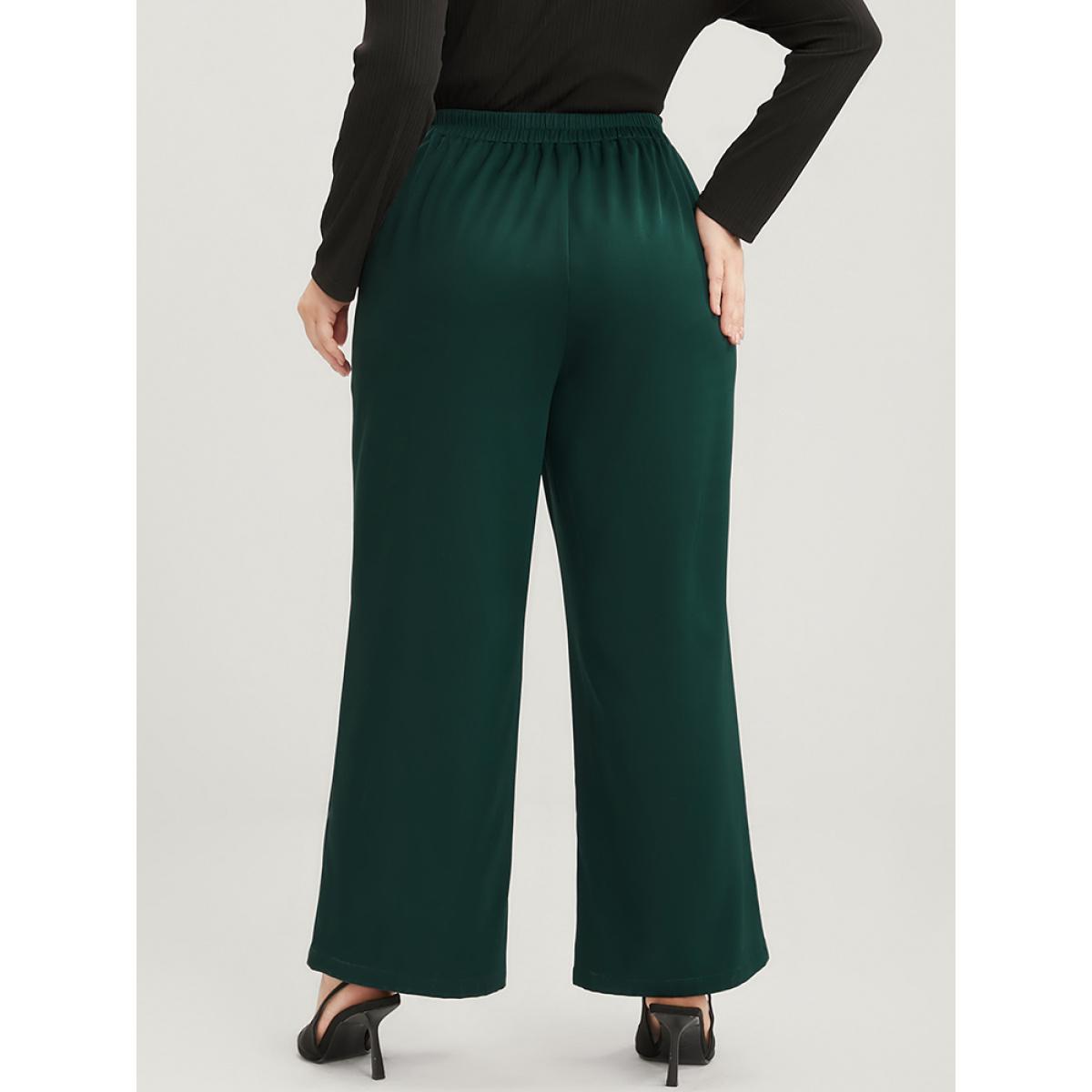 Plus Size Solid O Ring Zipper Pocket Elastic Waist Wide Leg Pants Women DarkGreen Office Wide Leg High Rise Work Pants BloomChic 26/4X Product Image