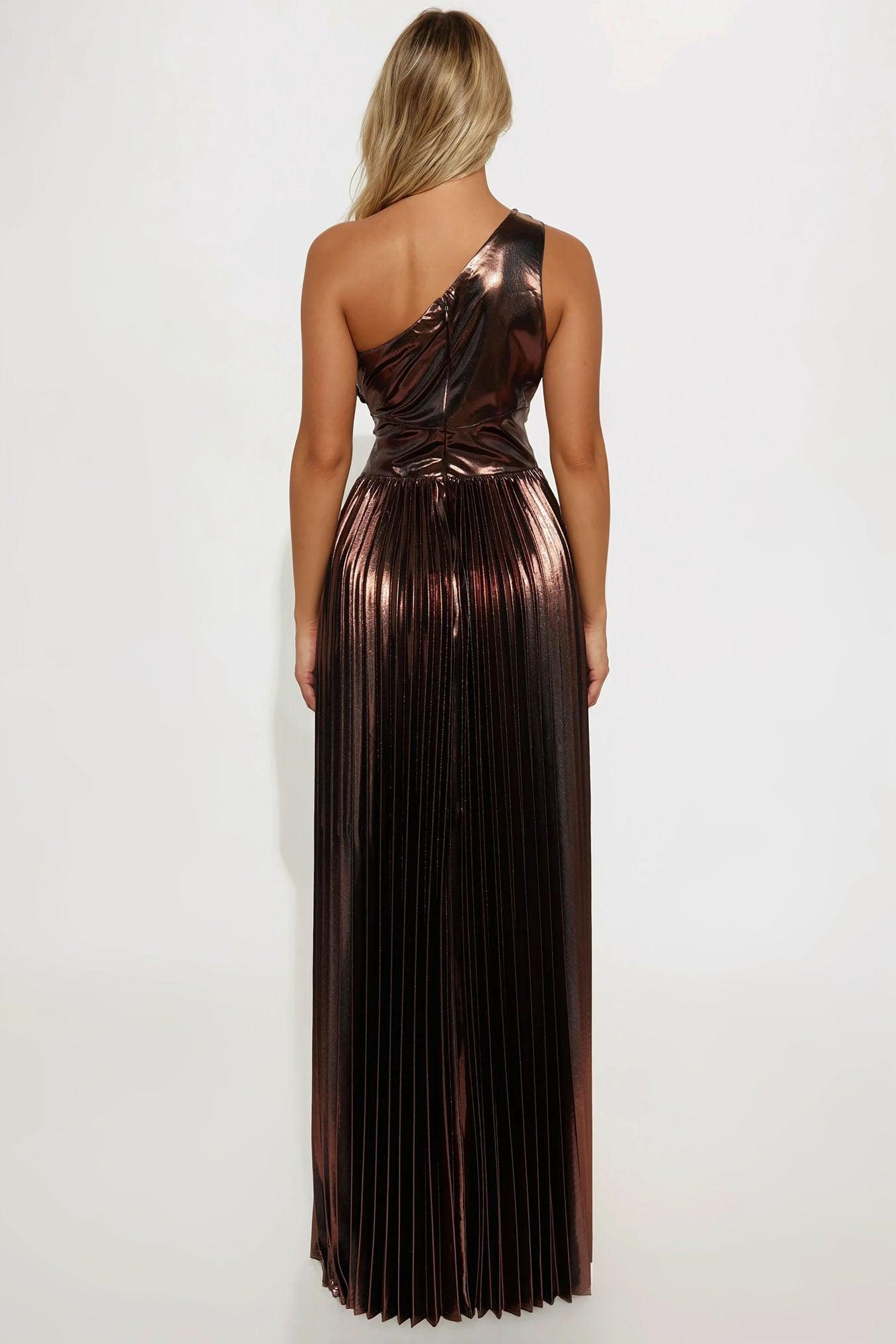 Serena Pleated Metallic Maxi Dress - Brown Product Image
