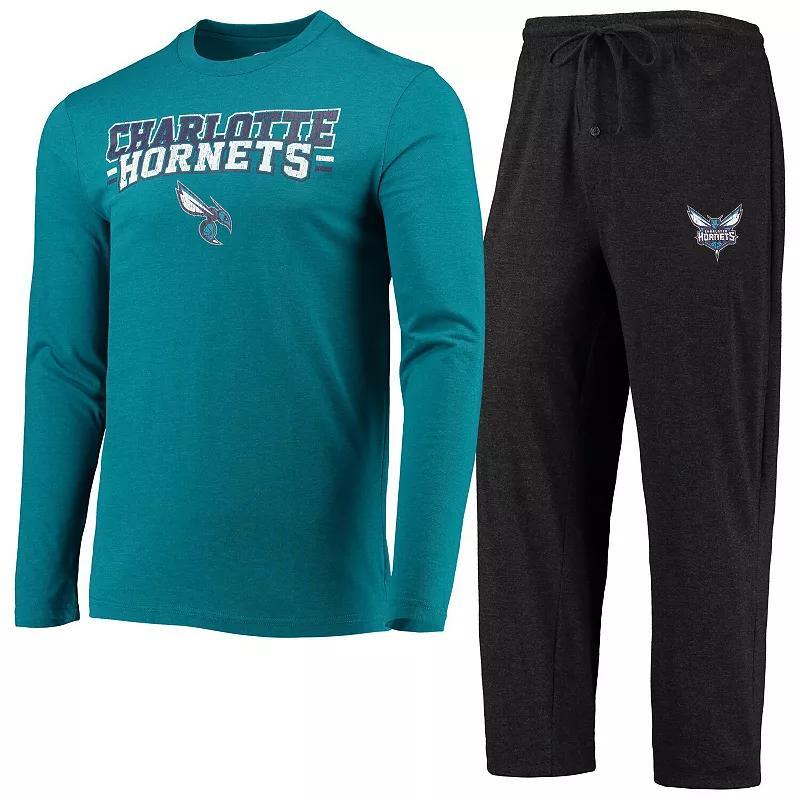 Men's Concepts Sport Black/Teal Charlotte Hornets Long Sleeve T-Shirt & Pants Sleep Set, Size: XL, Chr Black Product Image