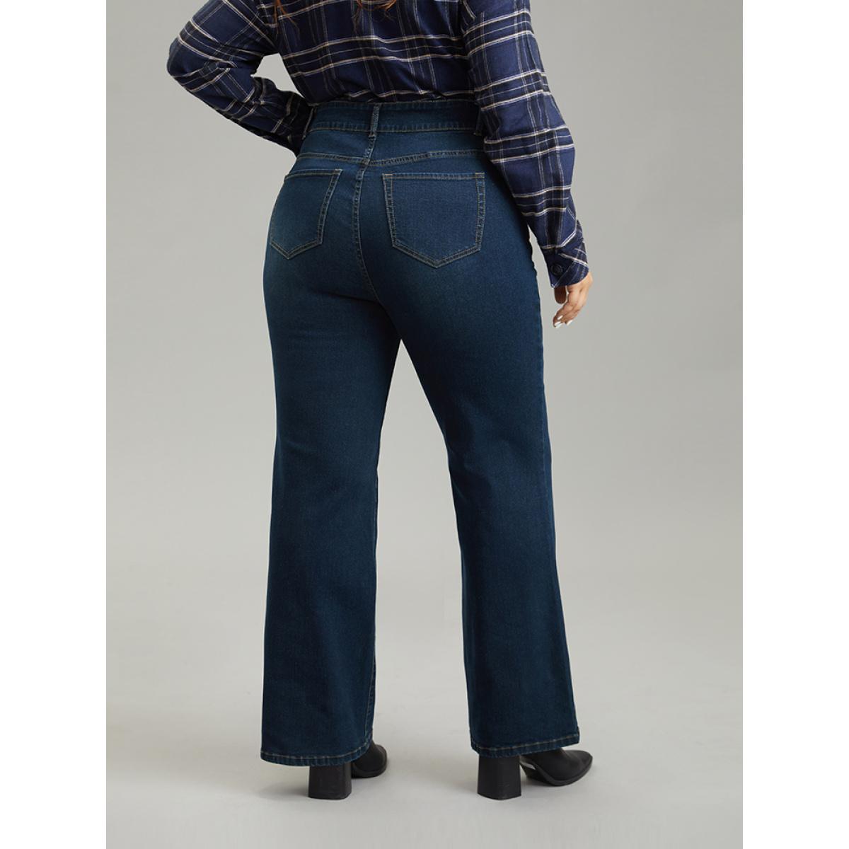 Plus Size Straight Leg Full Length Pocket Zipper Jeans Women Indigo Casual Plain Plain High stretch Pocket Jeans BloomChic 26/4X Product Image