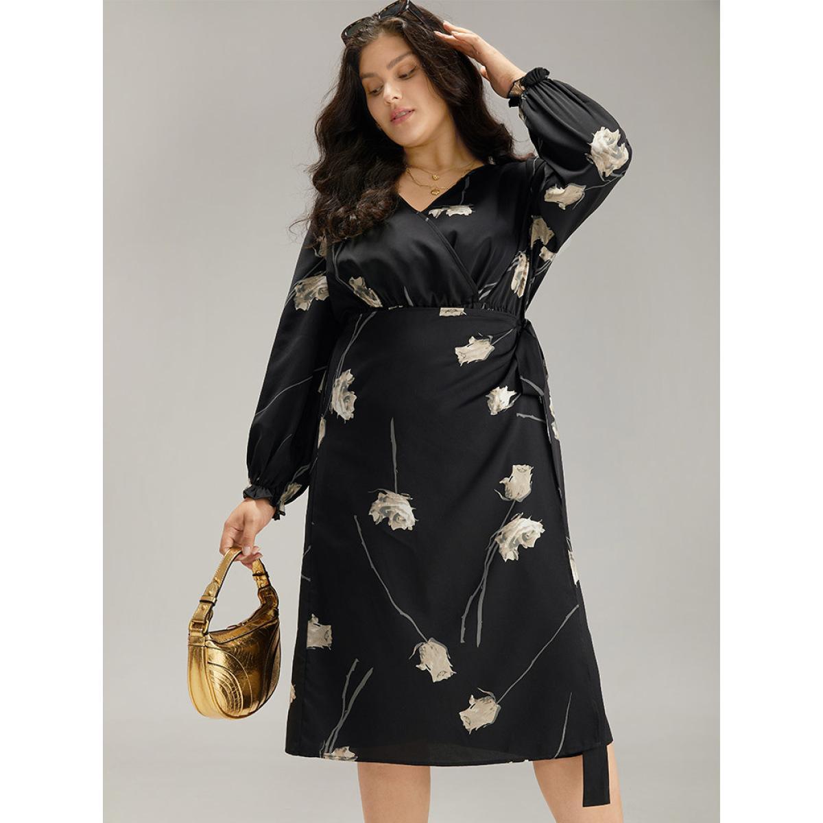 Plus Size Geometric Wrap Ties Lantern Sleeve Dress BlackFlower Women Office Cross straps V-neck Long Sleeve Curvy Midi Dress BloomChic 14-16/1X Product Image