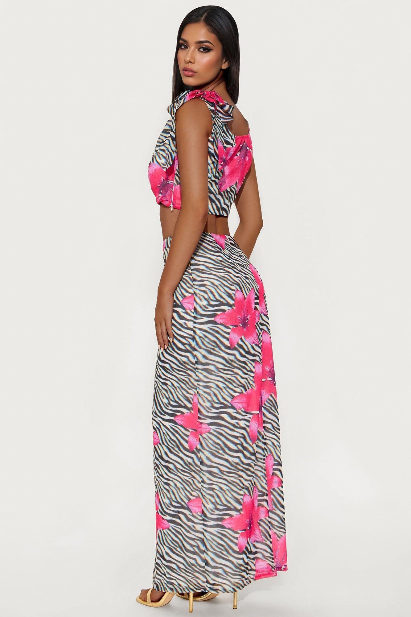 Wild Bloom Zebra Skirt Set - Black/Pink Product Image
