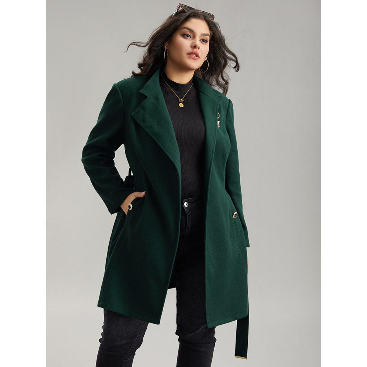Plus Size Solid Metal Detail Belted Pocket Coat Women DarkGreen Elegant Plain Ladies Everyday Winter Coats BloomChic 28/5X Product Image