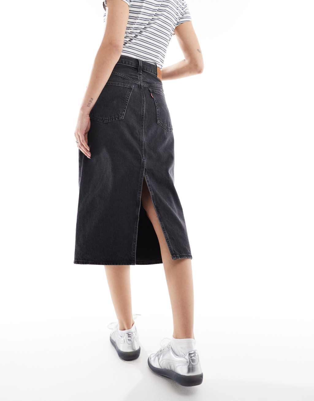 Levi's high rise midi skirt with back slit in washed black Product Image