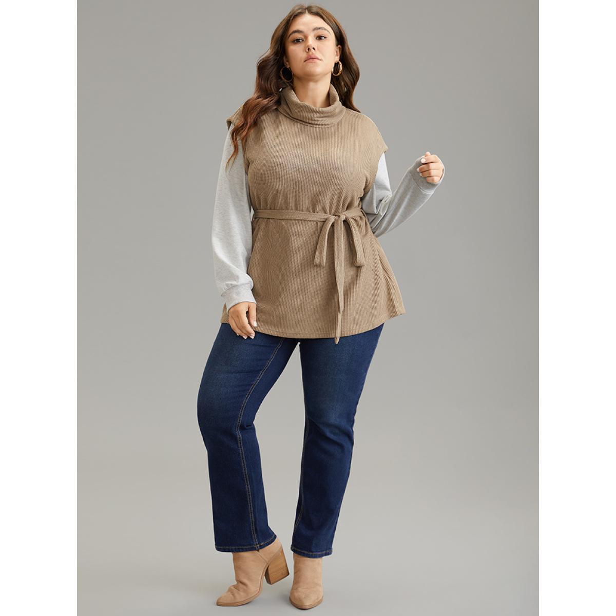 Plus Size 2-In-1 Turtleneck Texture Patchwork Belted Sweatshirt Women LightBrown Casual Texture Turtleneck Dailywear Sweatshirts BloomChic 28/5X Product Image